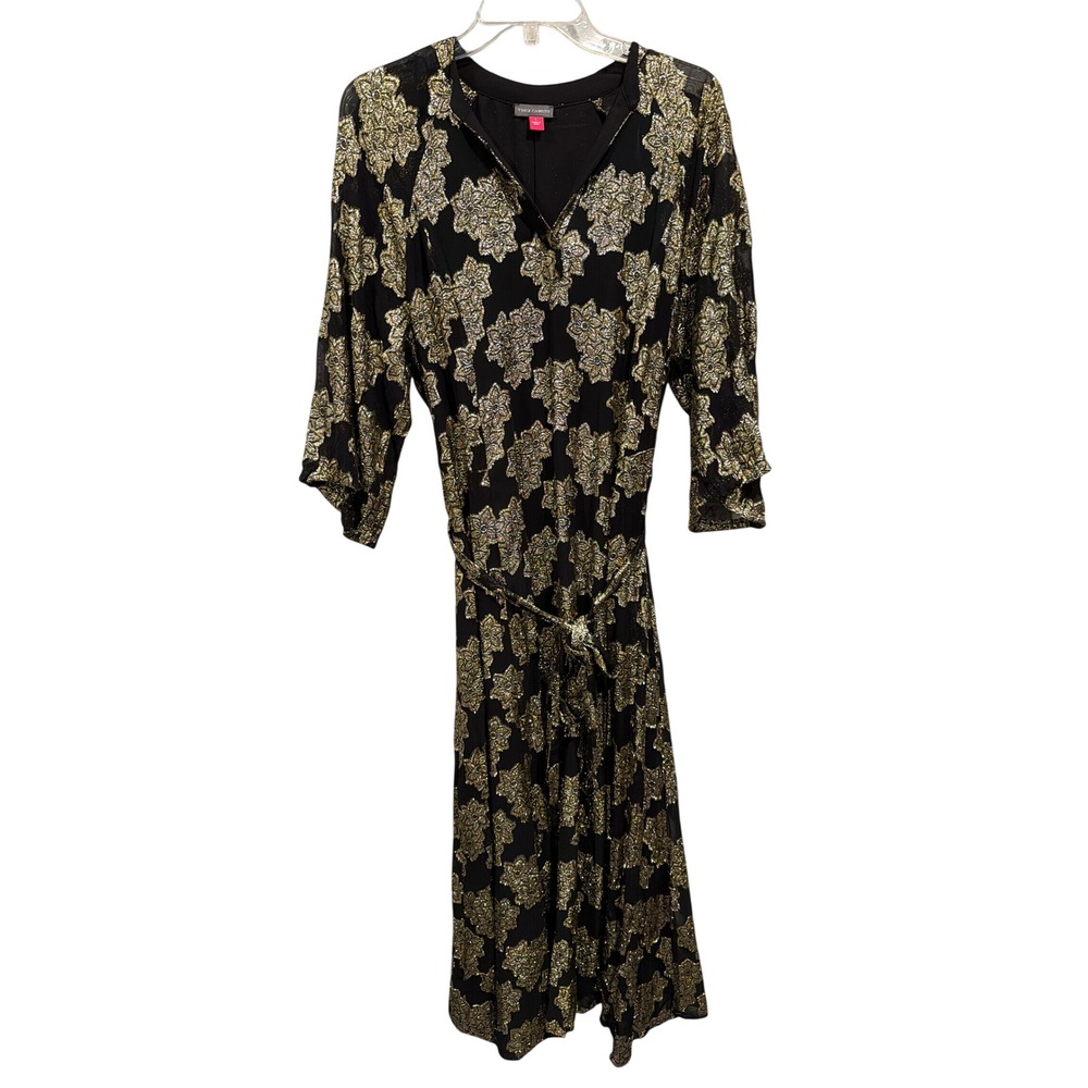 Vince Camuto Dress Black Gold Metallic Floral Midi V-Neck Belted 3/4 Sleeve L